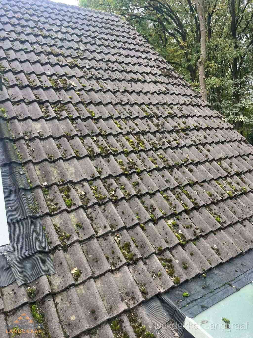 Verweerd pannendak met mosgroei dat renovatie nodig heeft in Landgraaf Verweerd pannendak met mosgroei dat renovatie nodig heeft in Landgraaf